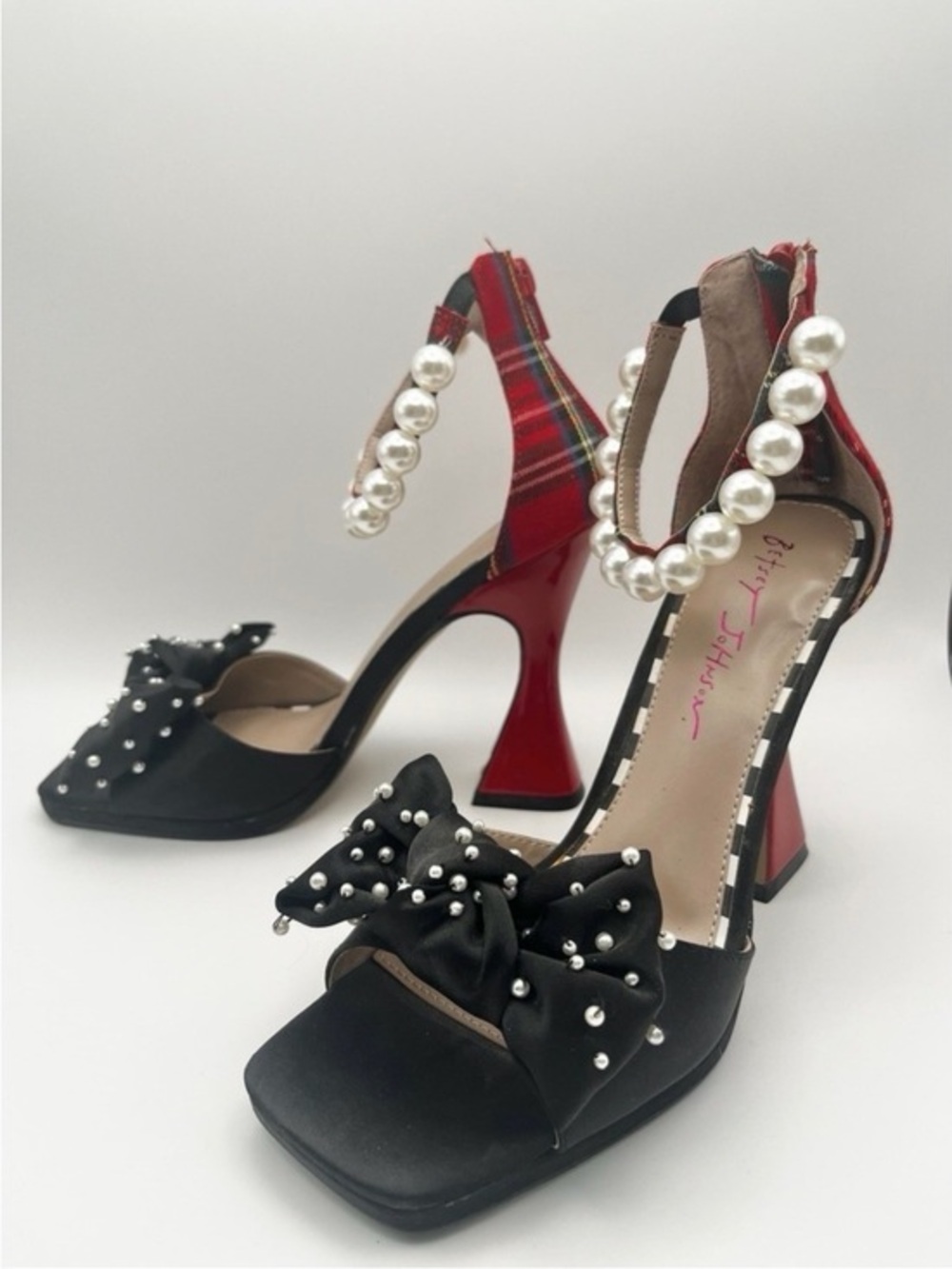 Betsey Johnson Lyzz Pearl Strap Red Plaid and Black Babydoll Accent Heels 9.5